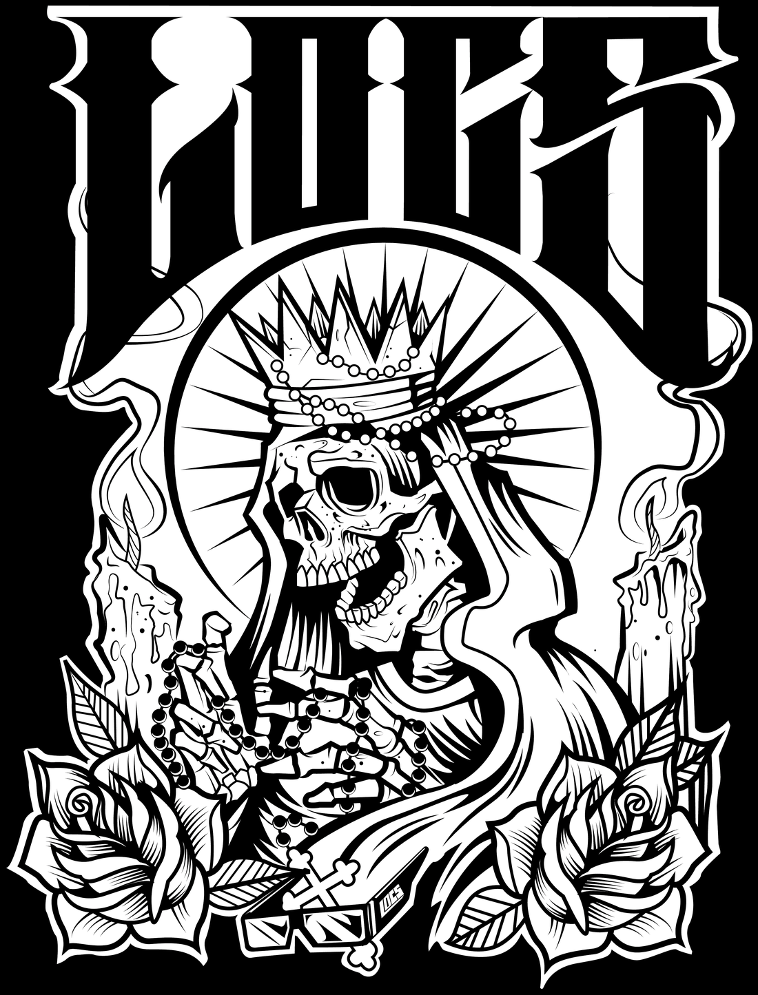 Arte Locs Santa Muerte com coroa, óculos, rosas e velas