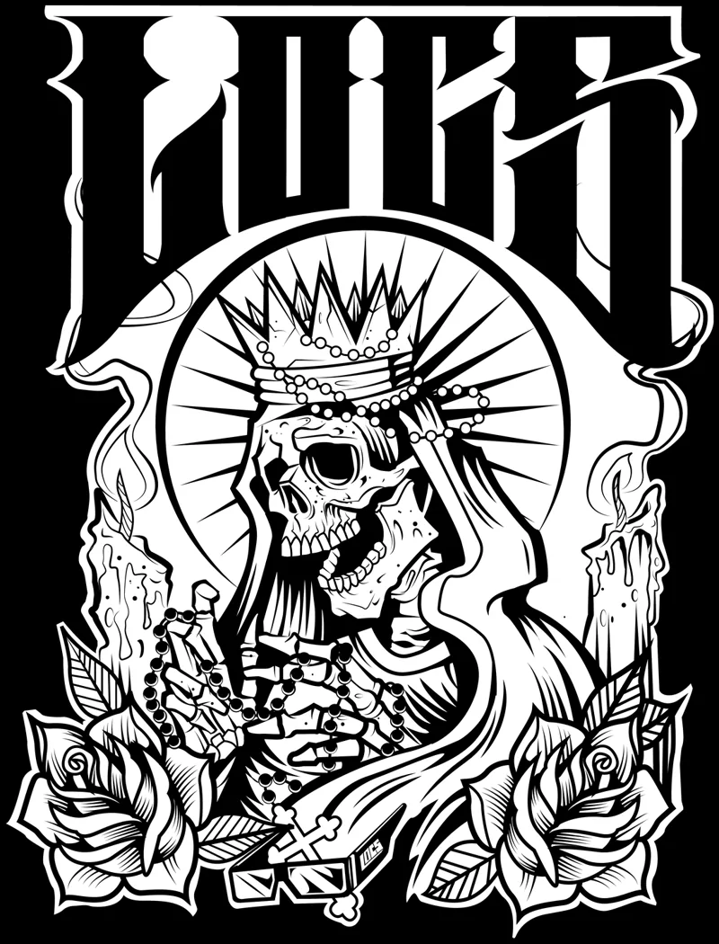 Arte Locs Santa Muerte com coroa, óculos, rosas e velas